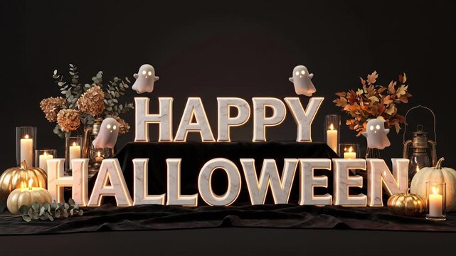 Premium Happy Halloween White Typography with Ghosts Seasonal Loop Background Animation
