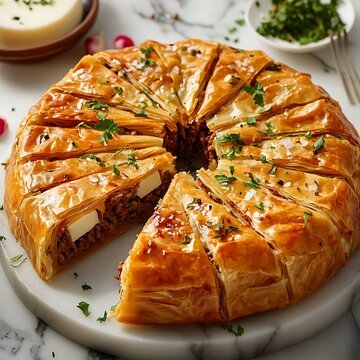 Lebanese meat pie basterma borek with cheese filling on marble surface culinary photography