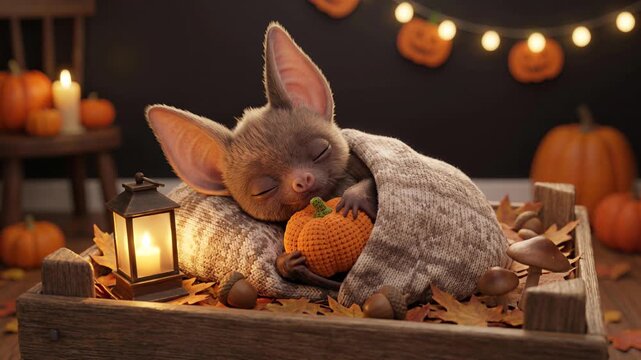 Cute Sleeping Baby Bat Holding Pumpkin Cozy Halloween Animation Seamless Loop Background