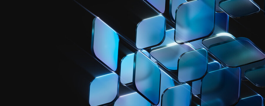 Abstract blue glass floating panels for technology background. Cloud computing concepts, IT corporate websites, or futuristic UI app interface design layouts. 3d rendering