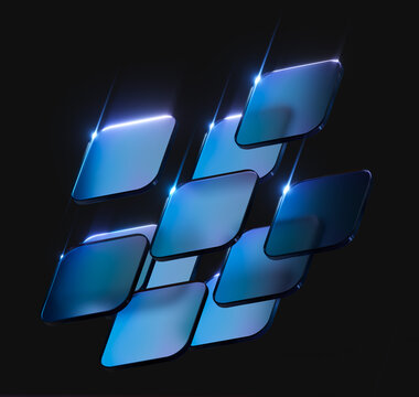 Floating blue glass squares with glowing edges on black background. High-tech concept for cybersecurity, premium data servers, dark mode UI, and blockchain technology networks. 3d rendering