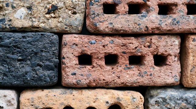 Close up of varied bricks showing texture and hollow design for construction use in architectural applications