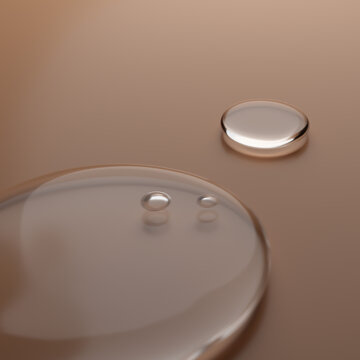 Serum oil sample round shape drops on beige background, 3d rendering vitamin, hyaluronic acids