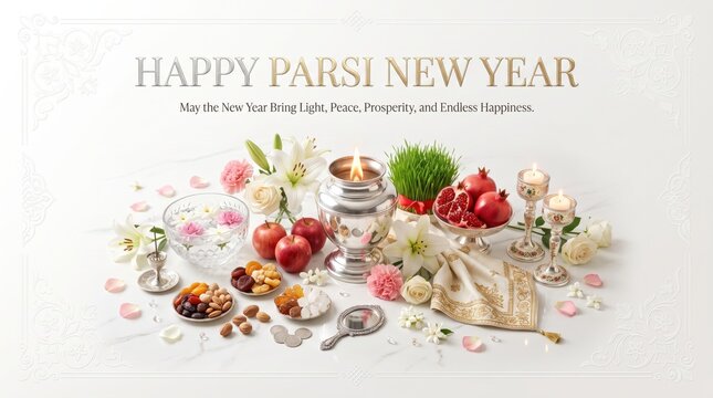 Parsi new year navroz celebration table setting with a silver vase, lit candles, fresh pomegranates, white lilies, nuts, and a small mirror on a white surface