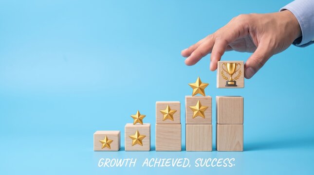 Business growth and success with wooden blocks forming a staircase, golden stars, and a trophy cup being placed on top by a hand, representing achievement, progress