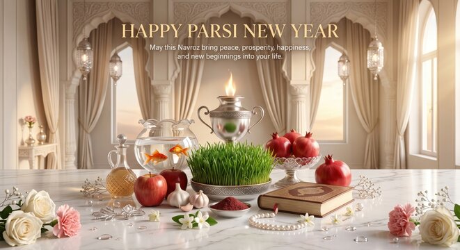 Parsi new year navroz celebration table setting with haft-sin including wheatgrass, goldfish bowl, pomegranates, candles, and flowers in a sunlit arched interior