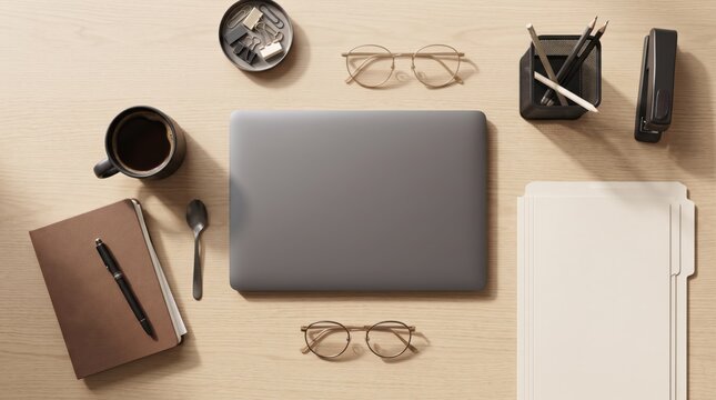 Modern workspace flat lay with laptop, coffee cup, notebook, glasses and stationery on wooden table, top view of organized office desk for business productivity concept.