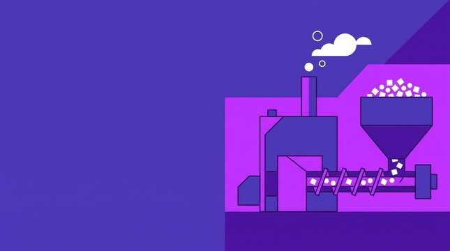 plastic extruder machine, screw auger processing raw material pellets from a hopper. A purple flat design digital drawing illustration of industrial manufacturing with a large left copy space.