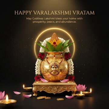 Varalakshmi vratam greeting card featuring a golden kalash pot adorned with flower garlands, green mango leaves, and a coconut, set on an ornate pedestal with glowing oil lamps and lotus petals