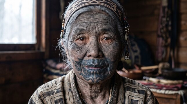Retrato &iacute;ntimo de anciana ainu y tatuaje ancestral