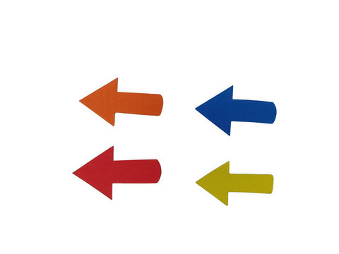 Four colorful arrows pointing left on a simple flat graphic illustration design isolated on transparent background