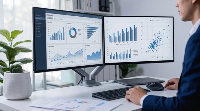 Professional working on dual monitor setup displaying financial dashboard, bar charts and scatter plots for business analytics and data visualization in corporate workspace.