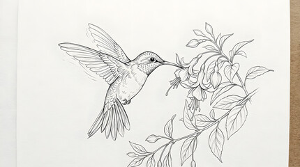 Naklejka premium Line art of a hummingbird feeding on a flower.