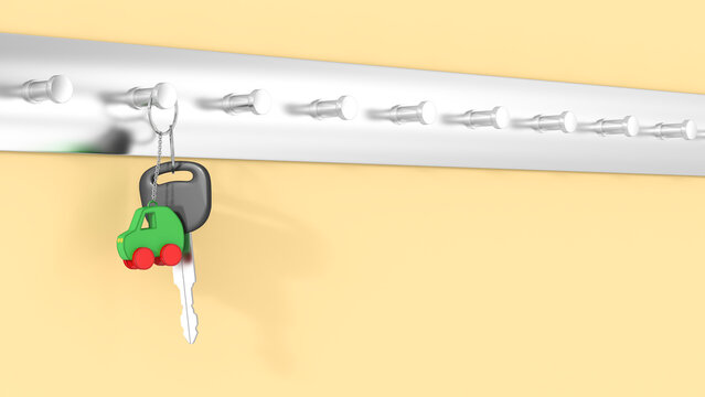 Car keys with key ring hanging on key hook, electric car