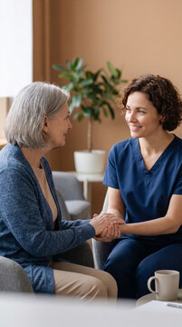 A healthcare professional offering reassurance to a patient with compassionate eye contact, Yellow September awareness, autocide prevention, and mental health care