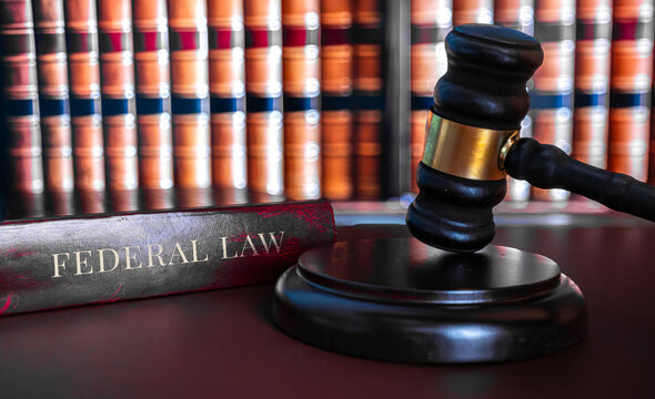 Federal Law book with wooden judge gavel on sound block in front of blurred law library bookshelf, court justice and legal system concept