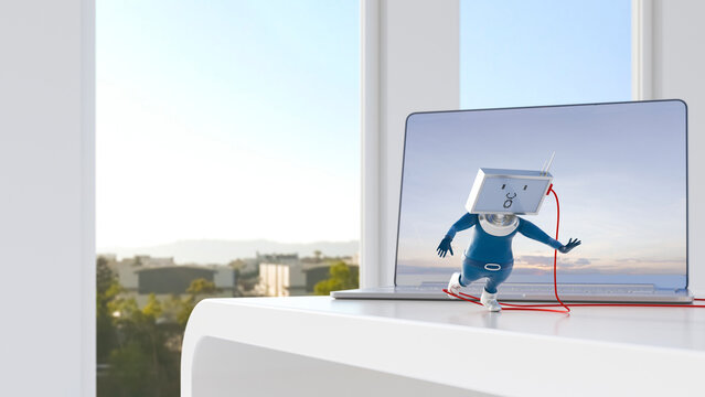 Monitor-headed manikin balancing on desk in front of laptop