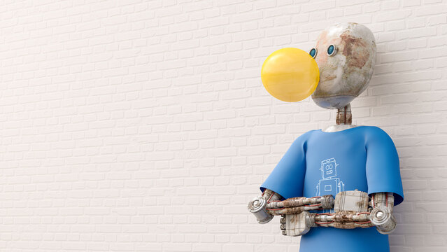 Robot making chewing gum bubble, 3d rendering