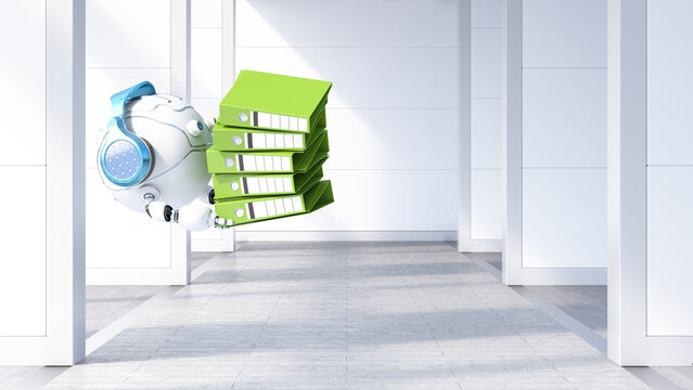 Robotic drone carrying file stack, 3d rendering
