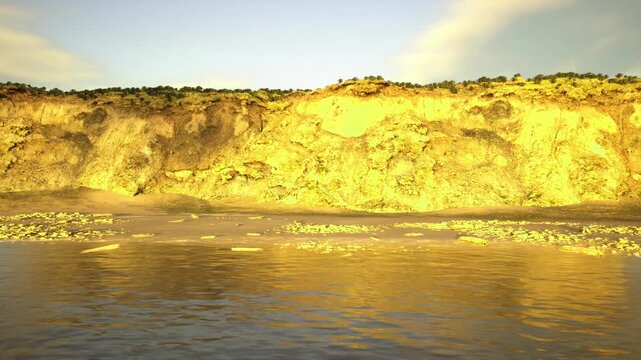 misty sunrise cliffs overlooking calm ocean, soft low light washing warm tones across textured rock face, mist hugging bluff edges with subtle reflections