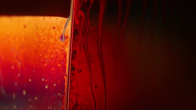 Glowing crimson fluid film boundary with dripping tendrils.  A sharp vertical film boundary separates a warm golden illuminated facet from a deep crimson space