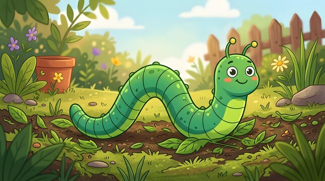 Caterpillar crawls across a lush garden bed under a bright sunny sky during a peaceful spring morning.