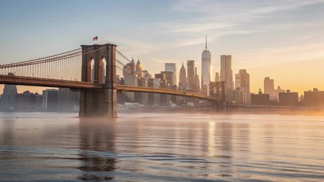 Serene sunrise over majestic bridge with vibrant city skyline reflected in calm water