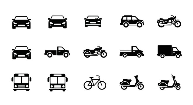 Collection of various vehicle silhouettes on white background with black silhouettes different vehicles transportation motorcycle automobile