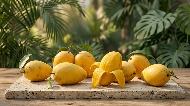 Fresh yellow mango fruits on a wooden table with green tropical leaves in the sunny garden background. ataulfo mango