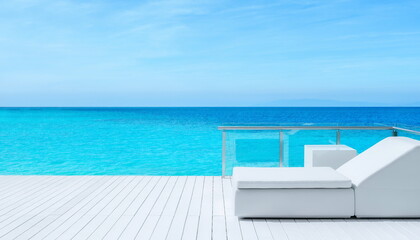 Fototapeta premium Sun lounger on the wooden deck by the sea 海辺のウッドデッキとサンラウンジャー