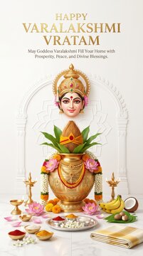 Happy varalakshmi vratam greeting card with goddess varalakshmi face, golden kalash pot, lotus flowers, oil lamps, bananas, and traditional offerings on a white background