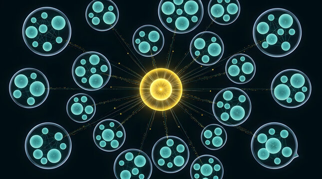 Abstract network of interconnected glowing circular nodes