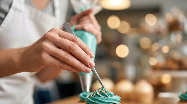 A baker focuses on decorating cupcakes with turquoise frosting in a busy bakery. Nearby, soft lights create a warm atmosphere