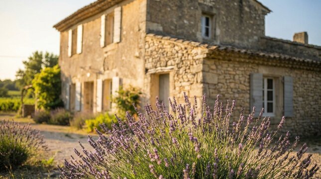 Lavender flowers bloom in front of a stone house in the countryside during sunset. The light casts warm tones on the building