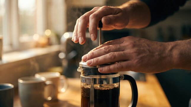 A person presses down the lid of a French press to brew coffee in a home kitchen. Morning sunlight enters through the window