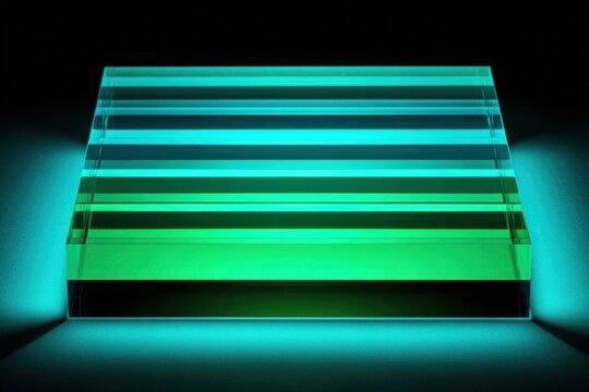 The scene shows a layered glass structure with light rays shining through, producing shades of green and blue at night