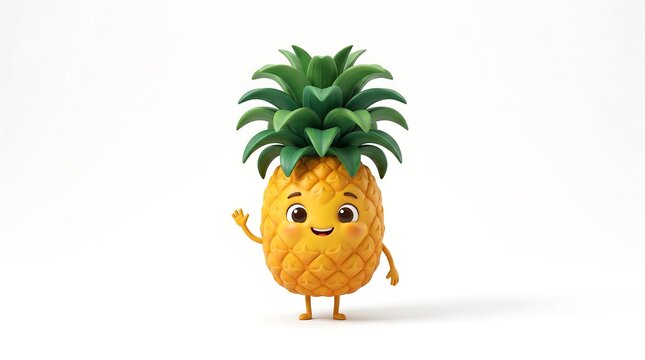A 3D rendered cute cartoon pineapple character waving its hand on a plain white background space.