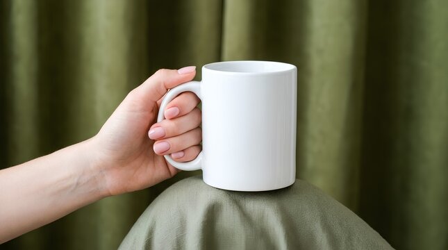 White Ceramic Coffee Mug Mockup Held by Female Hand with Green Fabric Background