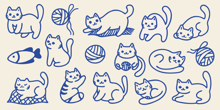 Blue line art illustration depicting multiple cats balls of yarn and a fish on a cream colored background cat feline drawing ball wool
