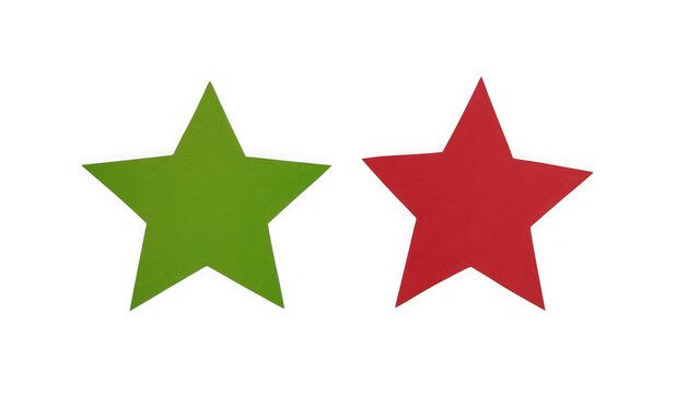 One green star and one red star shape side by side on a flat surface isolated on transparent background