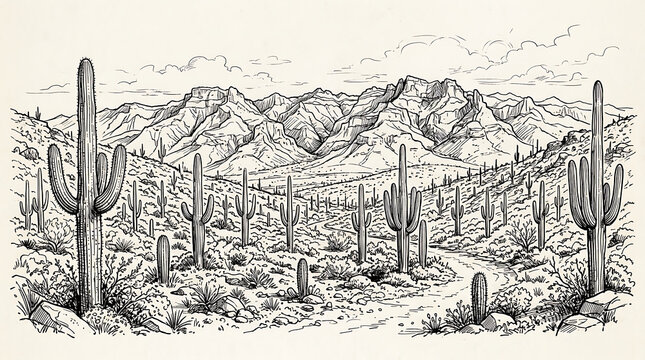 Black and white landscape sketch of a desert scene