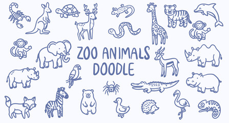 Naklejka premium A collection of cute hand drawn zoo animal doodles including various mammals reptiles and birds arranged in a playful illustrative collage style