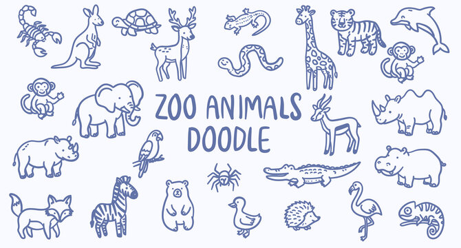 A collection of cute hand drawn zoo animal doodles including various mammals reptiles and birds arranged in a playful illustrative collage style