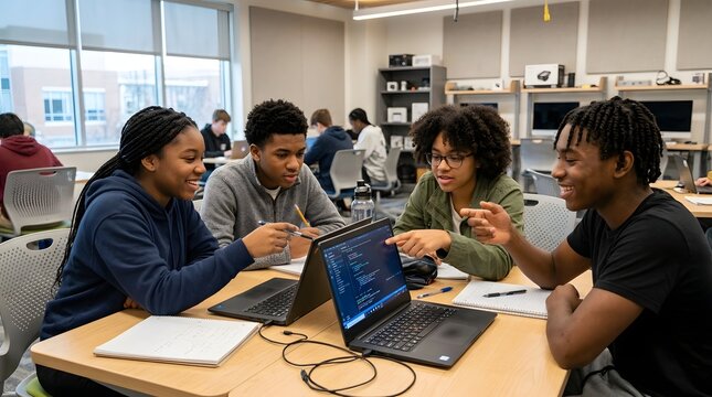 Diverse group of teenagers collaborating on a coding project in a modern classroom setting