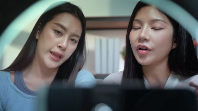 Beauty blogger influencer live streaming makeup tutorial with ring light in cozy home studio, two Asian women guide on camera, friendly vibe, product tips, gentle smile, engaged audience, woman