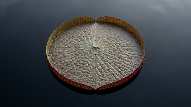 A single giant green lily pad floating on dark water surface with beautiful natural texture and veins. victoria amazonica