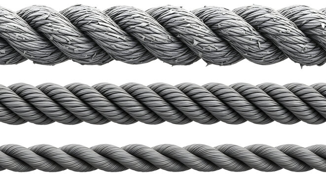 A set of three distinct gray braided ropes with varying thicknesses arranged horizontally on a clean white background for industrial and design use