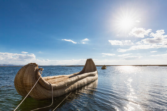 Peru, Titicaca lake, boat of the Uros made of giant bulrush