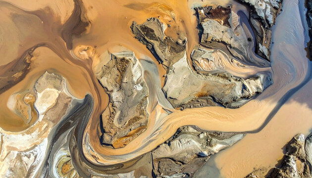 Top view aerial abstract background of swirling brown mud, soil erosion, and mineral water runoff. Fluid natural earth textures ideal for environmental science, geology, and ecological themes.