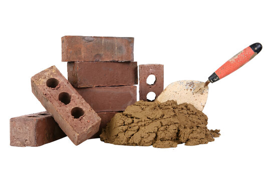 Masonry Building Materials with Red Bricks Mortar and Trowel